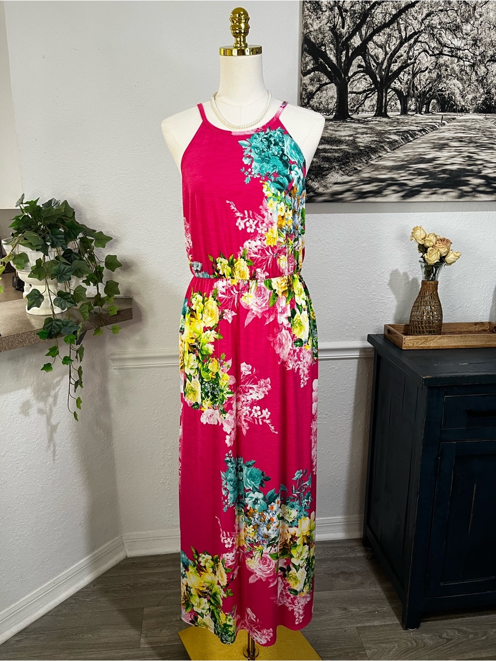 Bright Fuchsia Floral Halter Maxi Dress